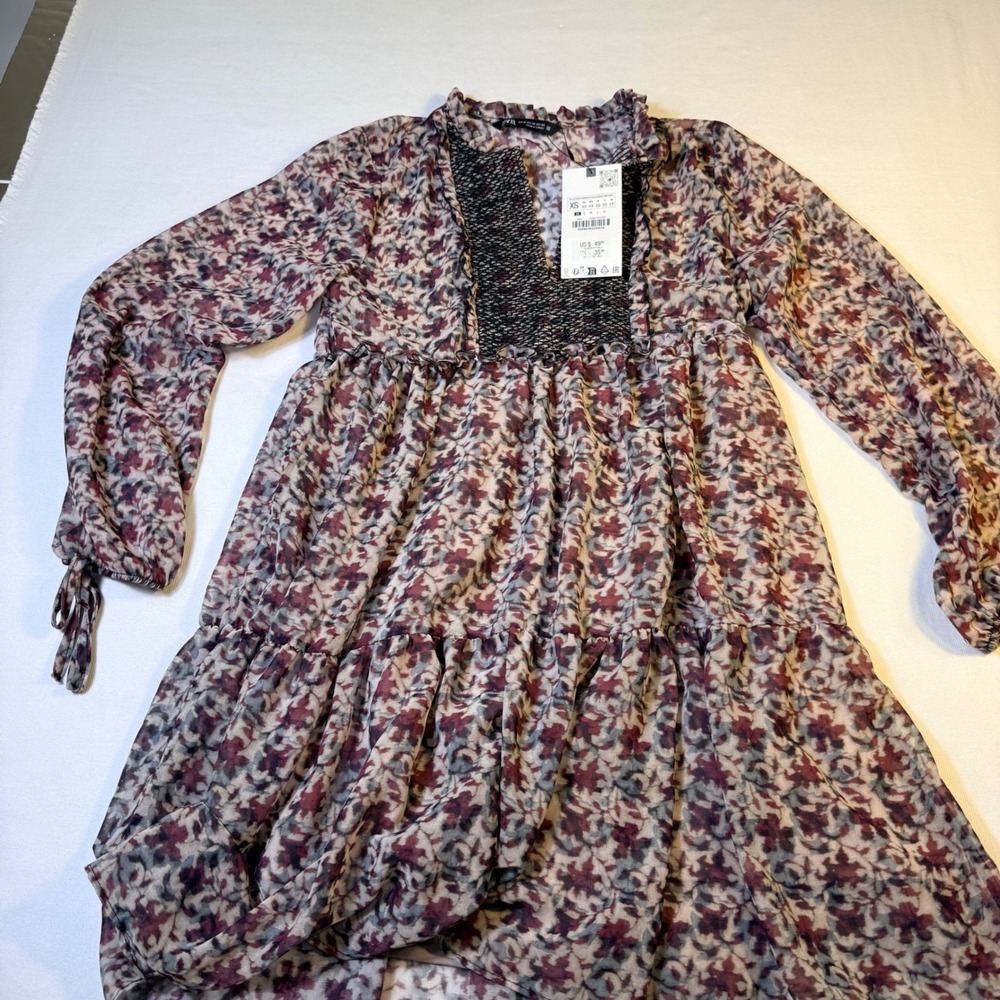 Zara XS Floral Babydoll Mini Dress Boho Cottagecore Smocked Tier  Festival fairy - Picture 10 of 16